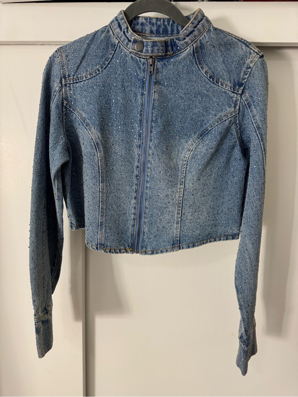 Women's Studded Blue Denim Cropped Jacket with Sparkle